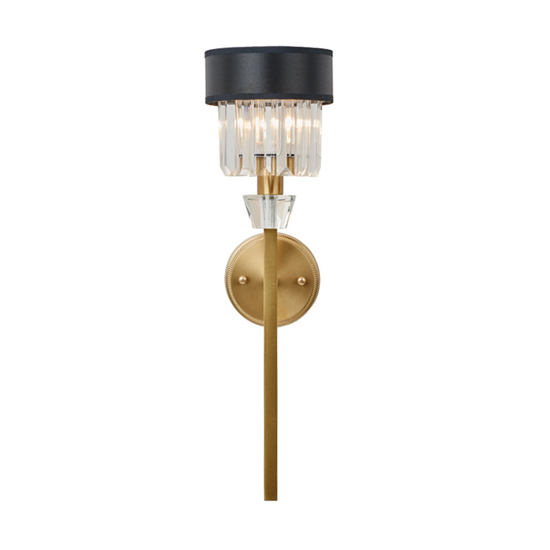 Modern 1 Light Wall Mount Light with Crystal and Fabric Shade Brass Cylinder Wall Sconce Light