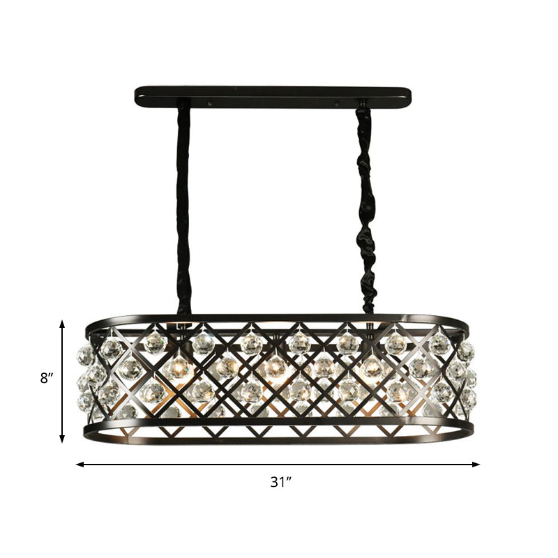 3 Lights Dining Room Chandelier Lamp with Oval Crystal and Metal Shade Vintage Black Ceiling Light