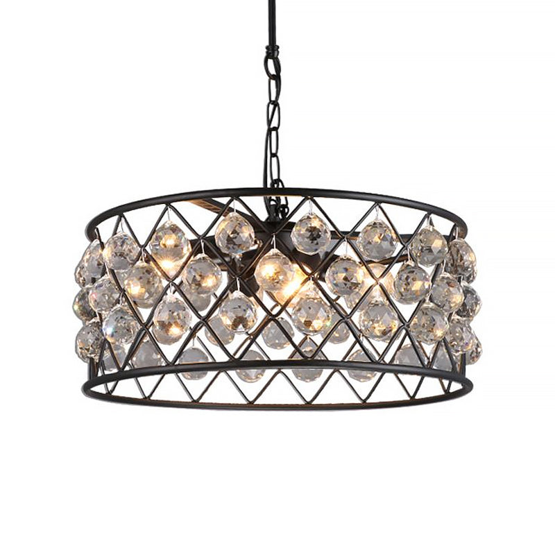 Round Iron Frame Ceiling Light Modern Metal and Crystal 4 Lights Black Chandelier Light