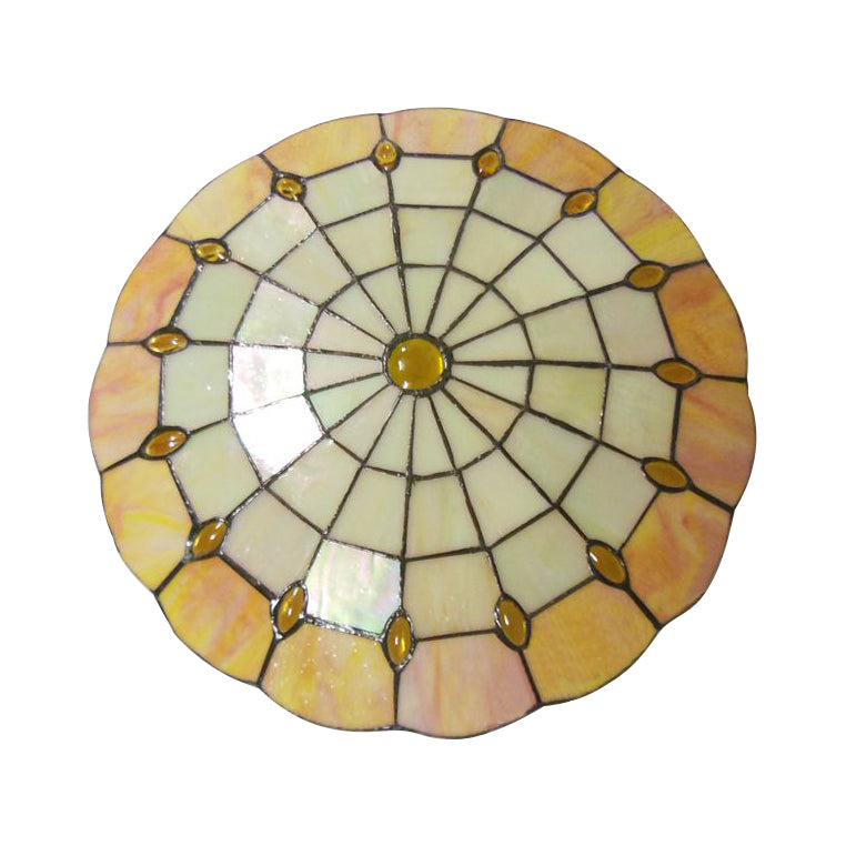 12"/16"/19.5" Wide Bedroom Ceiling Lights Tiffany Style  Green/Yellow Dome Shade Flush Mount Light with Jewel Decoration