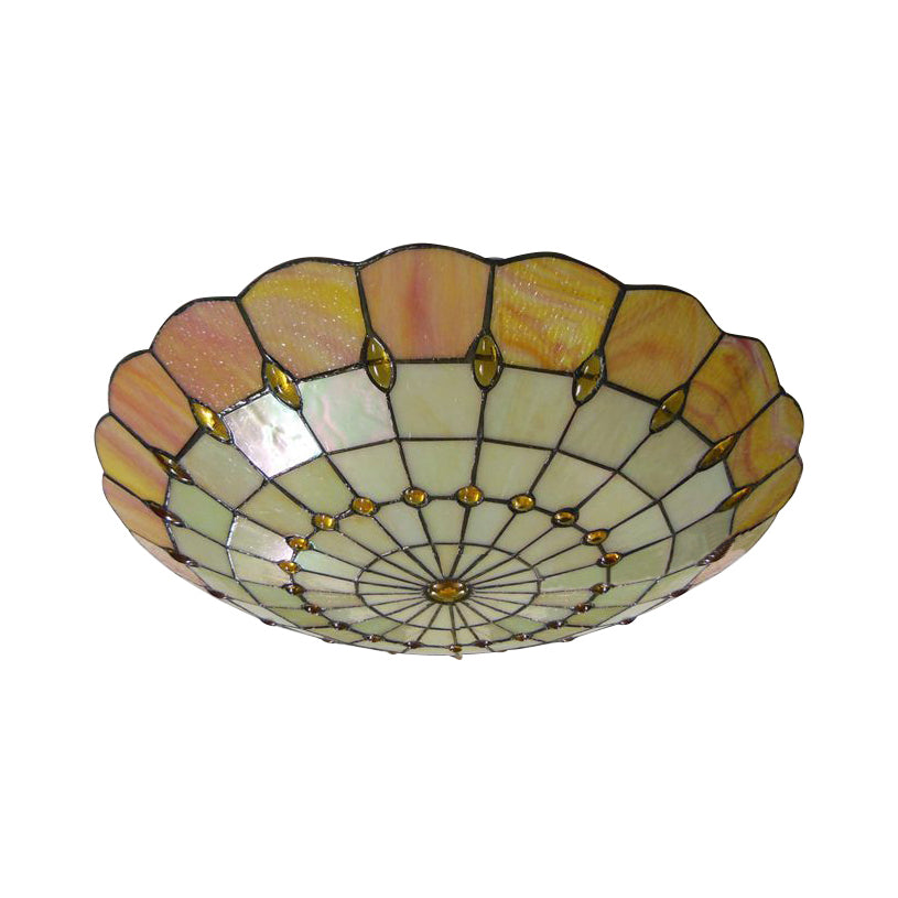 12"/16"/19.5" Wide Bedroom Ceiling Lights Tiffany Style  Green/Yellow Dome Shade Flush Mount Light with Jewel Decoration