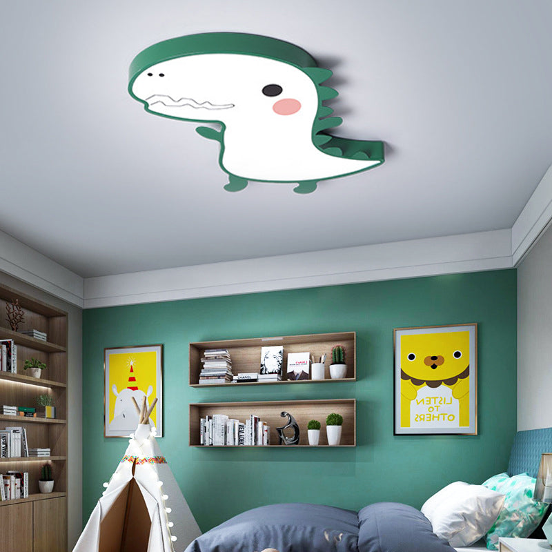 Pink/Green Dinosaur Flushmount Lamp Cartoon LED Aluminum Ceiling Light with Acrylic Diffuser in Warm/White Light