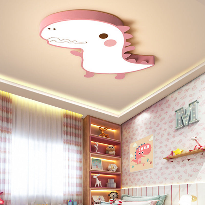 Pink/Green Dinosaur Flushmount Lamp Cartoon LED Aluminum Ceiling Light with Acrylic Diffuser in Warm/White Light