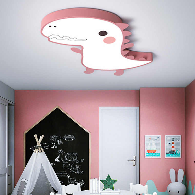Pink/Green Dinosaur Flushmount Lamp Cartoon LED Aluminum Ceiling Light with Acrylic Diffuser in Warm/White Light