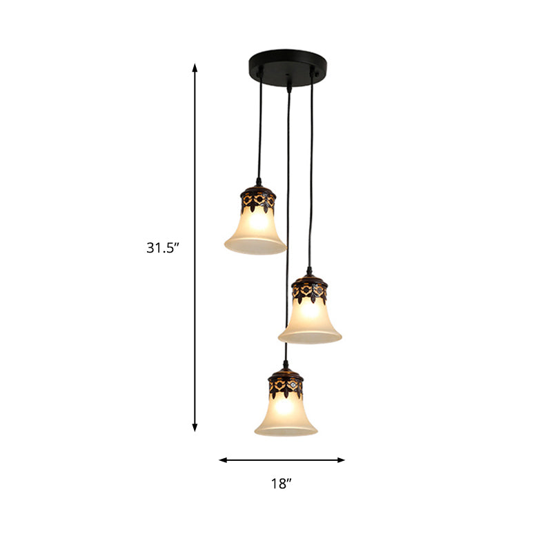 Zwarte bel cluster hanger Traditionele matglas 3 lichten woonkamer hangende lamp