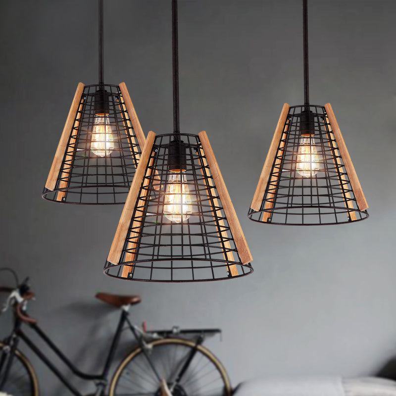 Éclairage pendentif à cône classique 1 luminaire suspendu en métal léger en noir avec cage