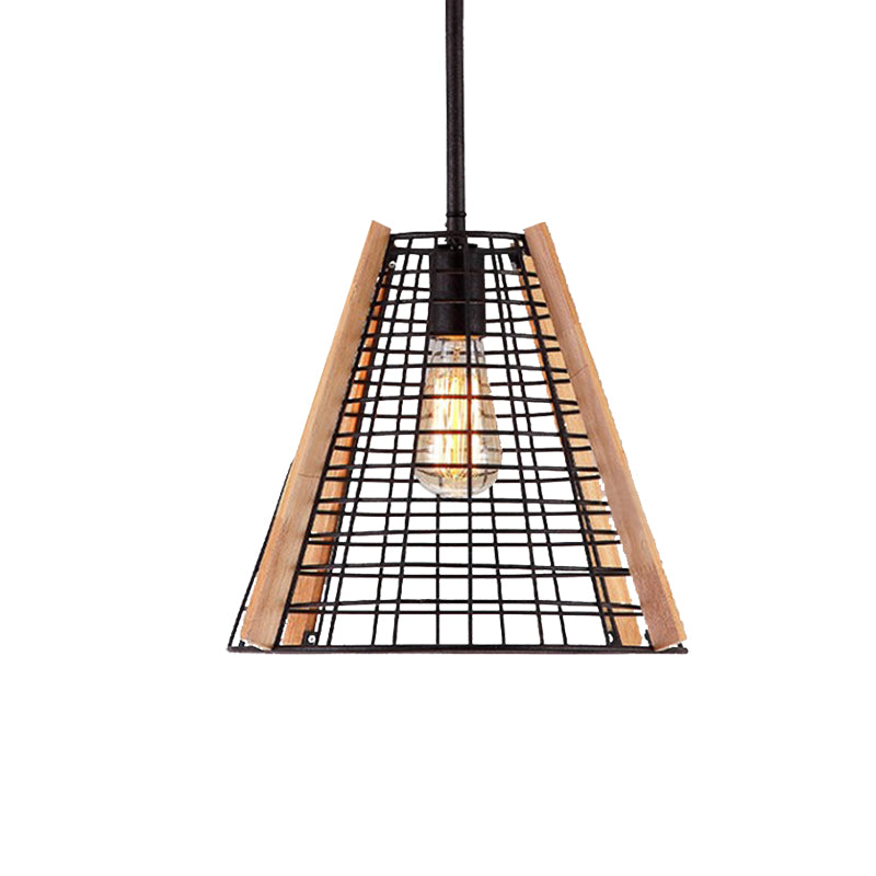 Éclairage pendentif à cône classique 1 luminaire suspendu en métal léger en noir avec cage