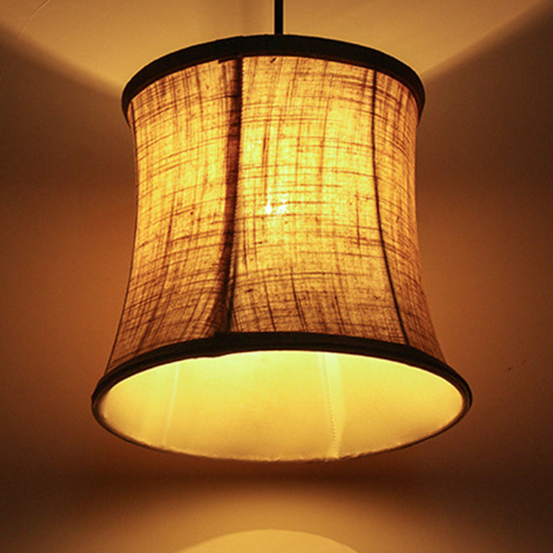 Flaxen Drum Shape Pendant Fixture Classical Fabric 1 Light Living Room Hanging Ceiling Light