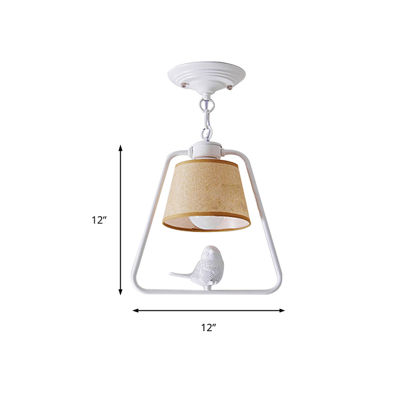 Black/White Cone Pendant Ceiling Light Traditional Fabric 1 Light Living Room Hanging Lamp with Bird