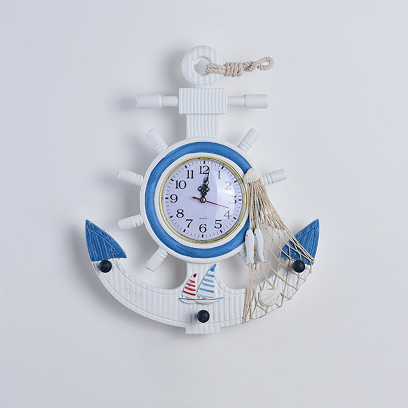 Contemporary Anchor Shaped Wall Light Fixture Wooden Kids Bedroom LED Clock Wall Mounted Lamp in Blue