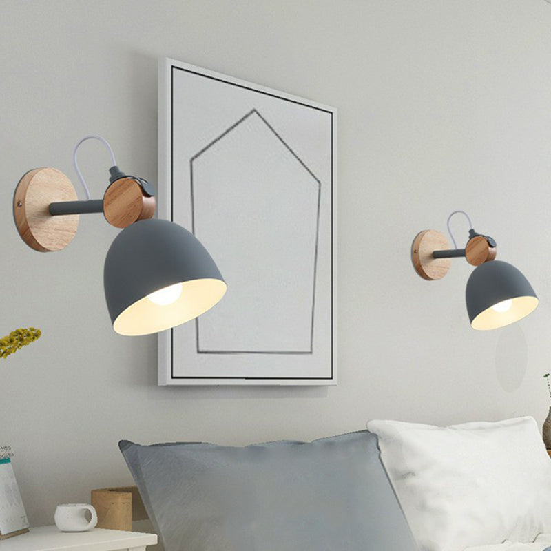 Simplicity Bell Wall Light Fixture Metallic Single-Bulb Bedroom Wall Mounted Lamp with Circle Wooden Backplate