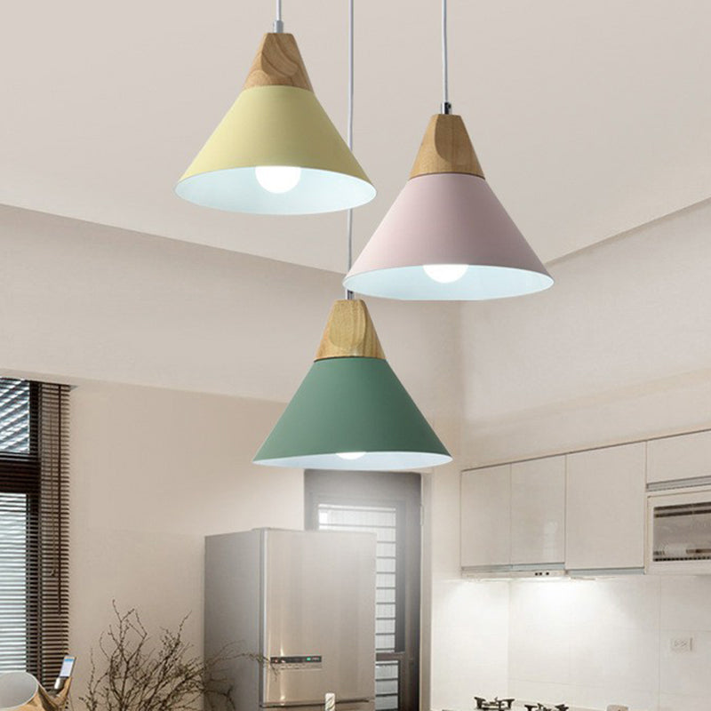 Metallic Conical Shade Hanging Light Nordic Style 3 Bulbs Wood Multi Light Pendant