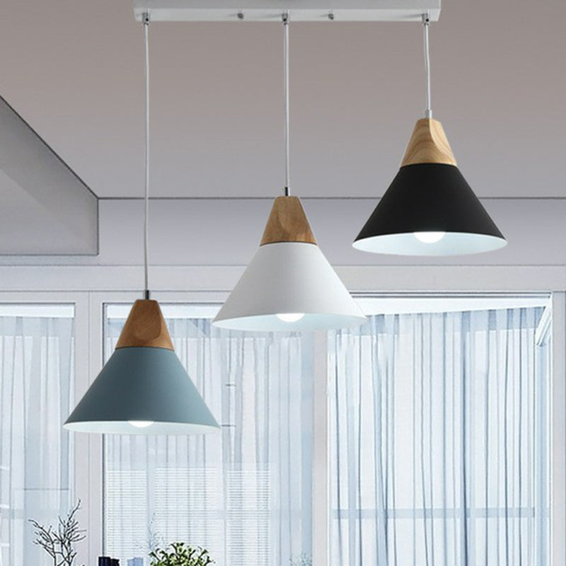 Metallic Conical Shade Hanging Light Nordic Style 3 Bulbs Wood Multi Light Pendant