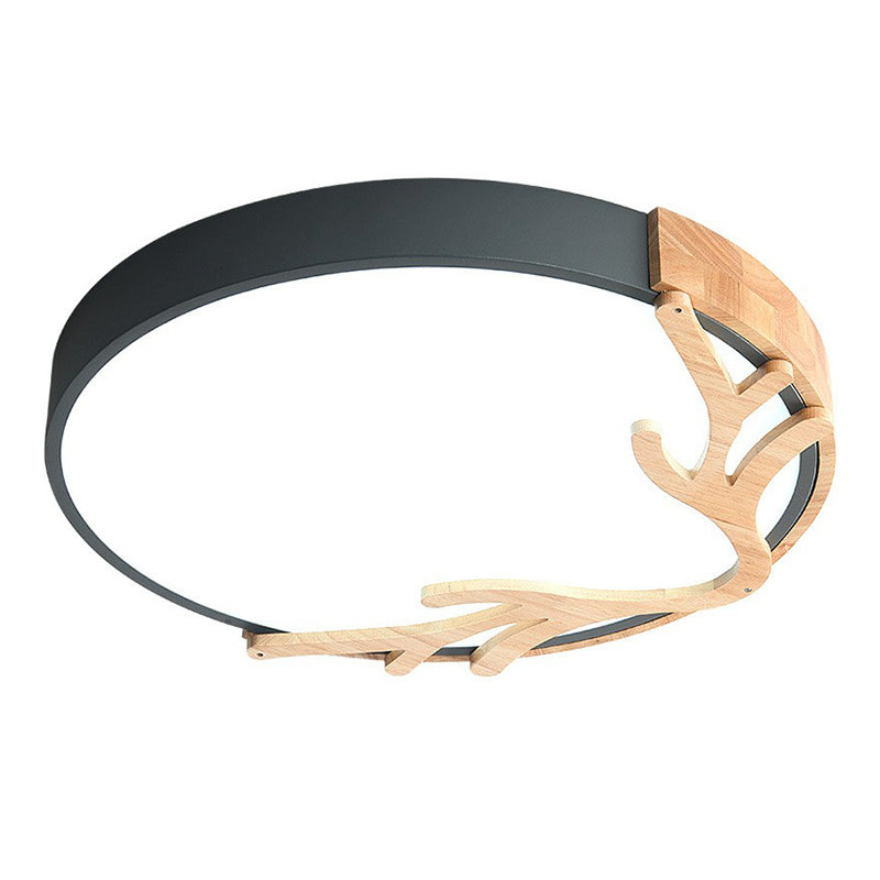 Metal Ultrathin Circle Flush Ceiling Light Simplicity LED Flush Mount Lighting Fixture with Wooden Antler Decor