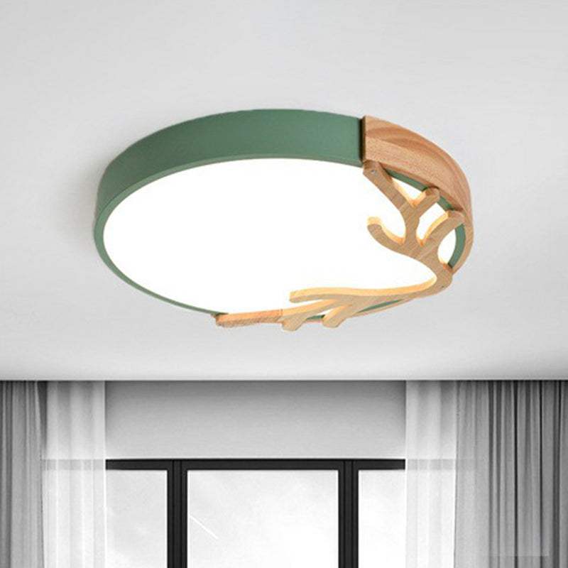 Metal Ultrathin Circle Flush Ceiling Light Simplicity LED Flush Mount Lighting Fixture with Wooden Antler Decor