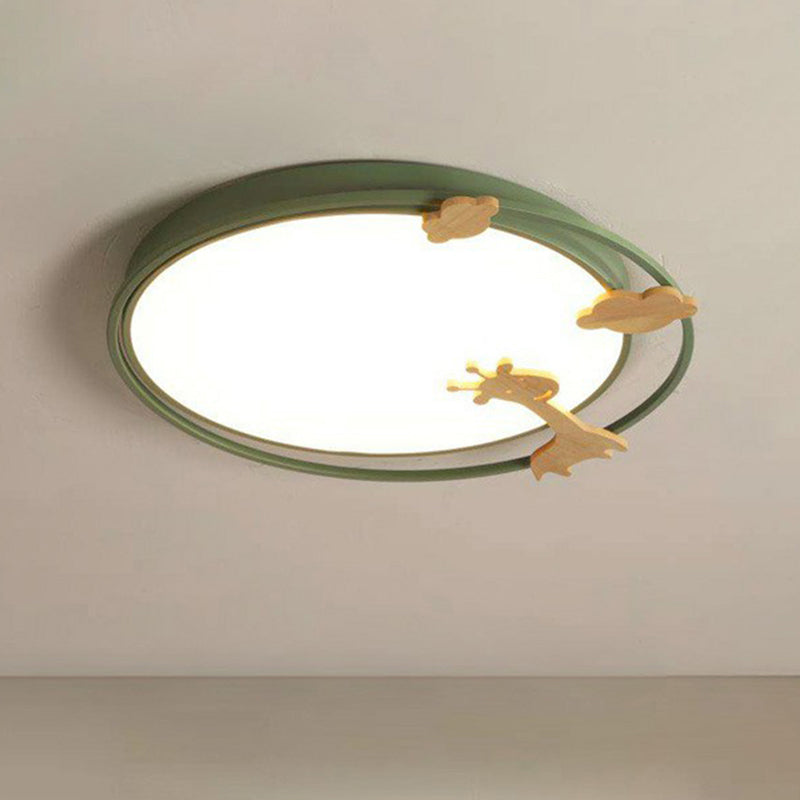 Circular Flush Mount Lighting Cartoon Metallic Kids Bedroom LED Flush Mount Fixture with Wooden Decor