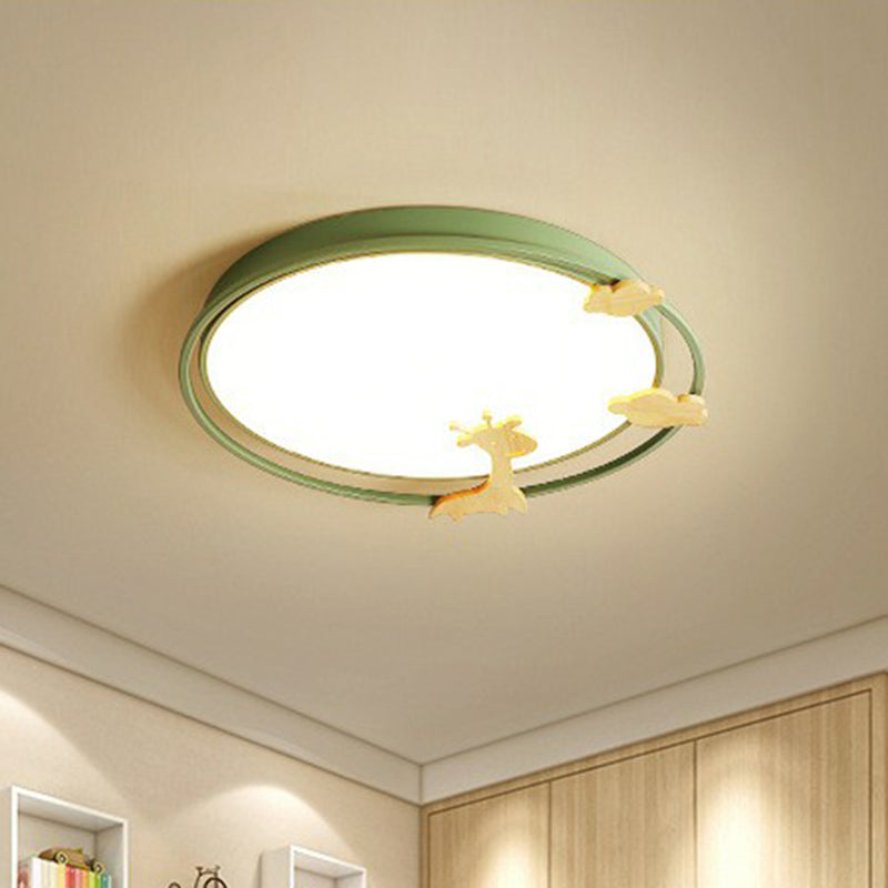 Circular Flush Mount Lighting Cartoon Metallic Kids Bedroom LED Flush Mount Fixture with Wooden Decor