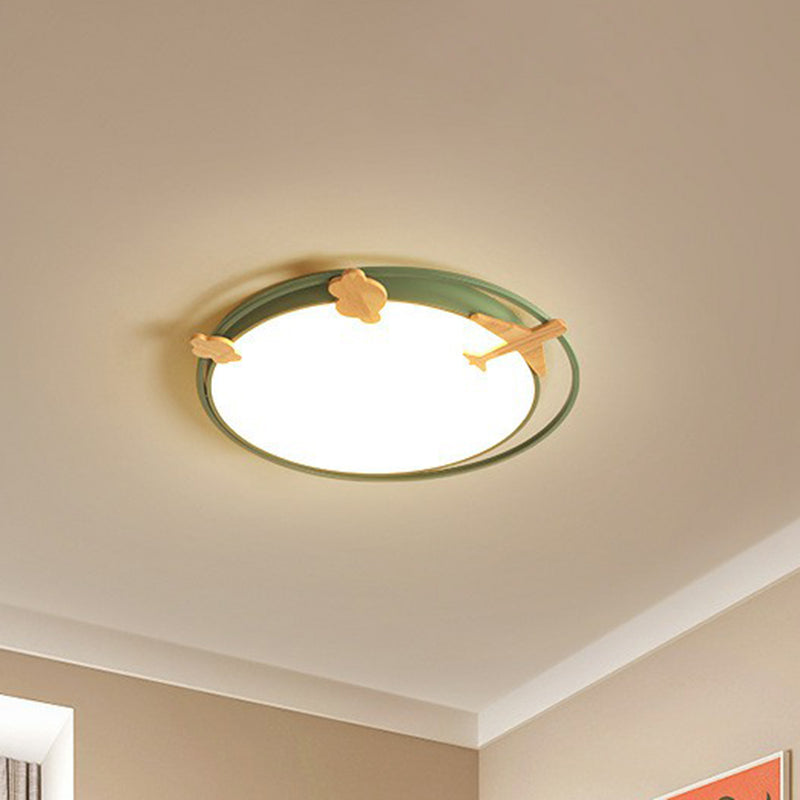 Circular Flush Mount Lighting Cartoon Metallic Kids Bedroom LED Flush Mount Fixture with Wooden Decor