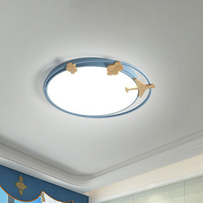 Circular Flush Mount Lighting Cartoon Metallic Kids Bedroom LED Flush Mount Fixture with Wooden Decor