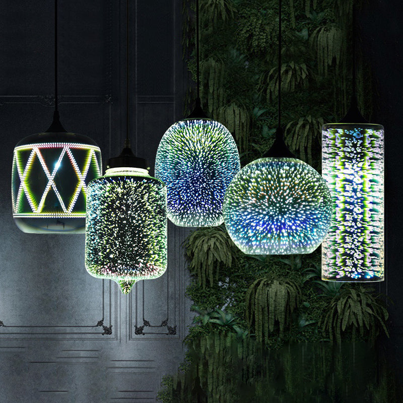 Contemporary Geometrical Pendant Light 3D Firework Glass Single-Bulb Living Room Suspension Light in Black