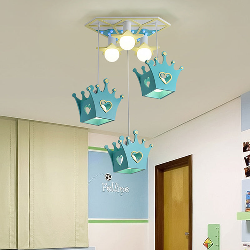 Houten kroon tint hangende lamp cartoon stijl 6 lichten blauw/roze hanglamp plafondlicht met driehoek luifel