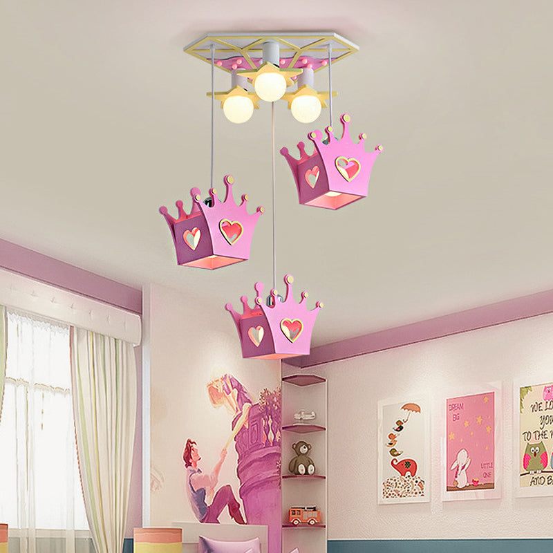 Wooden Crown Shade Hanging Lamp Cartoon Style 6 Lights Blue/Pink Pendant Ceiling Light with Triangle Canopy