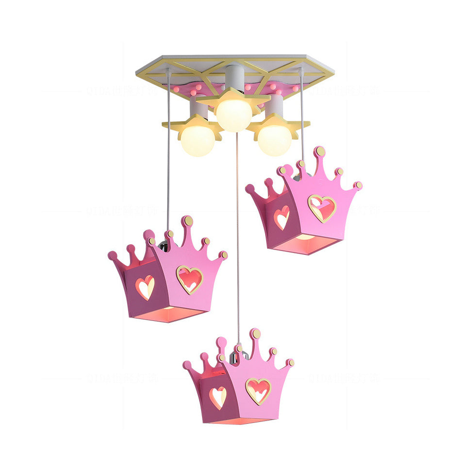 Wooden Crown Shade Hanging Lamp Cartoon Style 6 Lights Blue/Pink Pendant Ceiling Light with Triangle Canopy