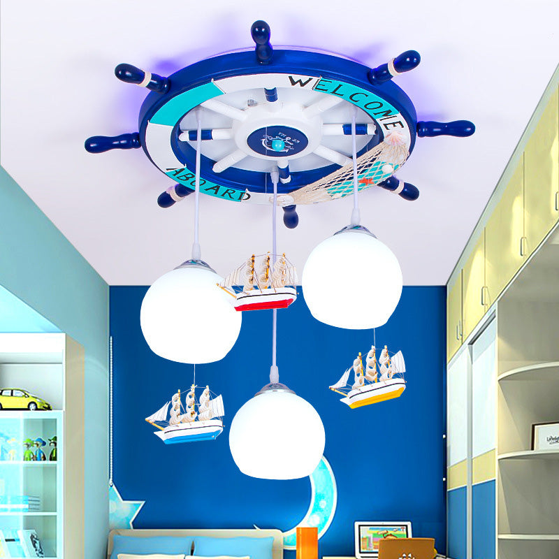 White Glass Global Hanging Lamp Kids 3 Heads Pendant Lighting with Rudder Shaped Canopy in Blue