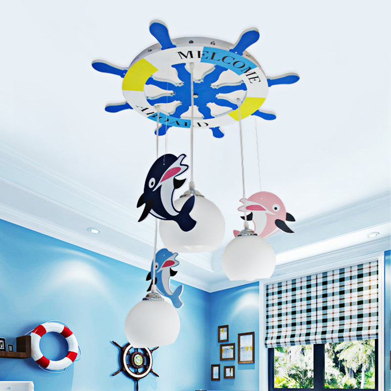 Opal Glass Ball Ceiling Lighting Cartoon 3 Bulbs Blue Pendant Lamp with Dolphin Deco and Rudder Shape Canopy
