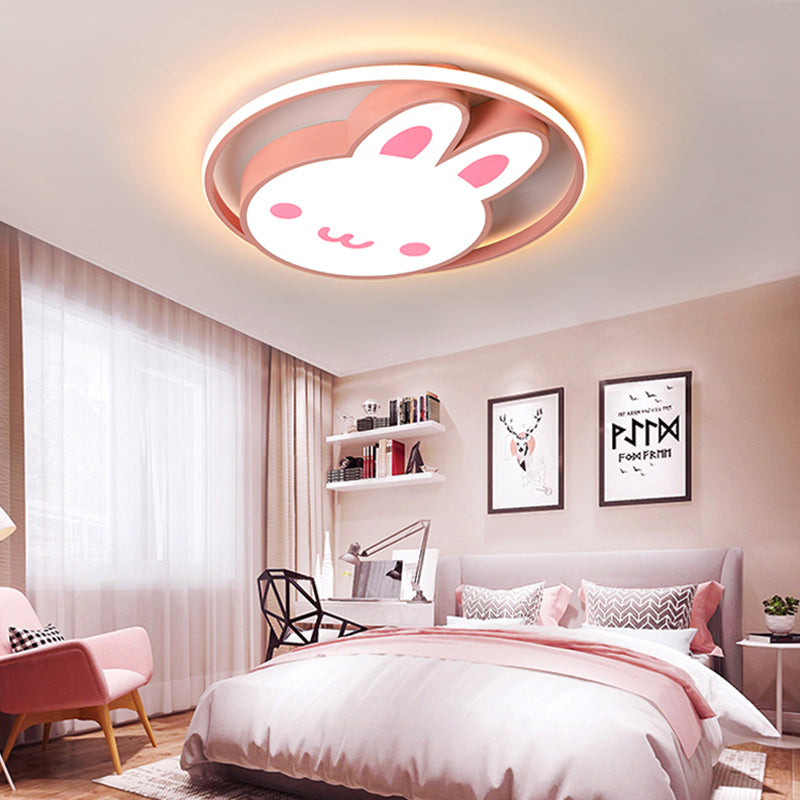 Rabbit Design Bedroom Flush Mount Light Acrylic LED Cartoon Style Flushmount Lamp with Metal Ring in Pink