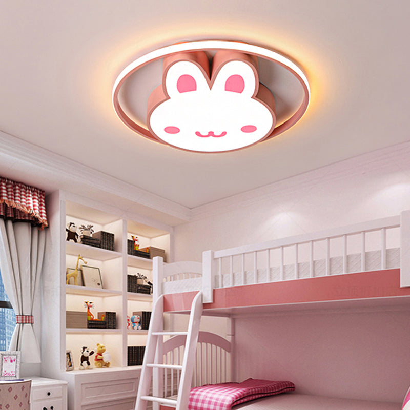 Rabbit Design Bedroom Flush Mount Light Acrylic LED Cartoon Style Flushmount Lamp with Metal Ring in Pink