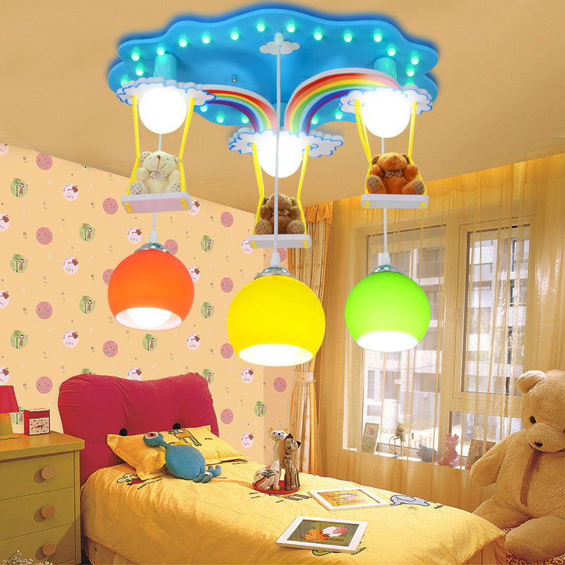 Global Pendant Lighting Kids White/Yellow and Green Glass 6 Lights Hanging Lamp with Wooden Canopy and Bear Deco