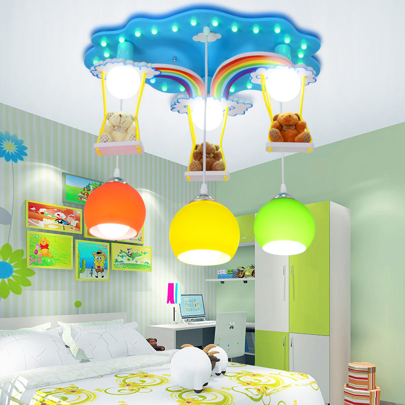 Global Pendant Lighting Kids White/Yellow and Green Glass 6 Lights Hanging Lamp with Wooden Canopy and Bear Deco