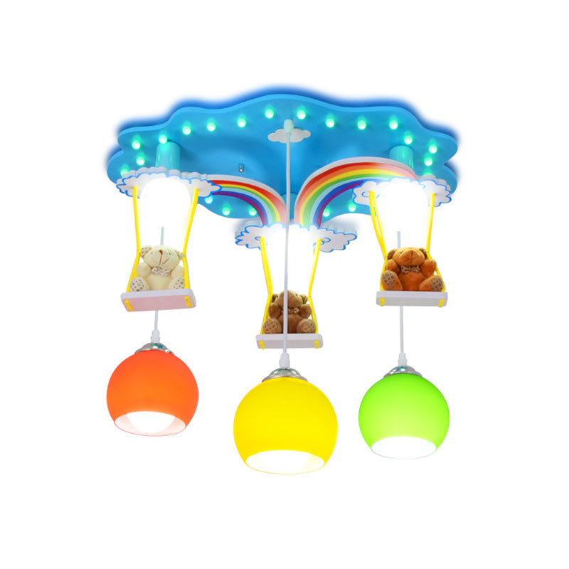 Global Pendant Lighting Kids White/Yellow and Green Glass 6 Lights Hanging Lamp with Wooden Canopy and Bear Deco