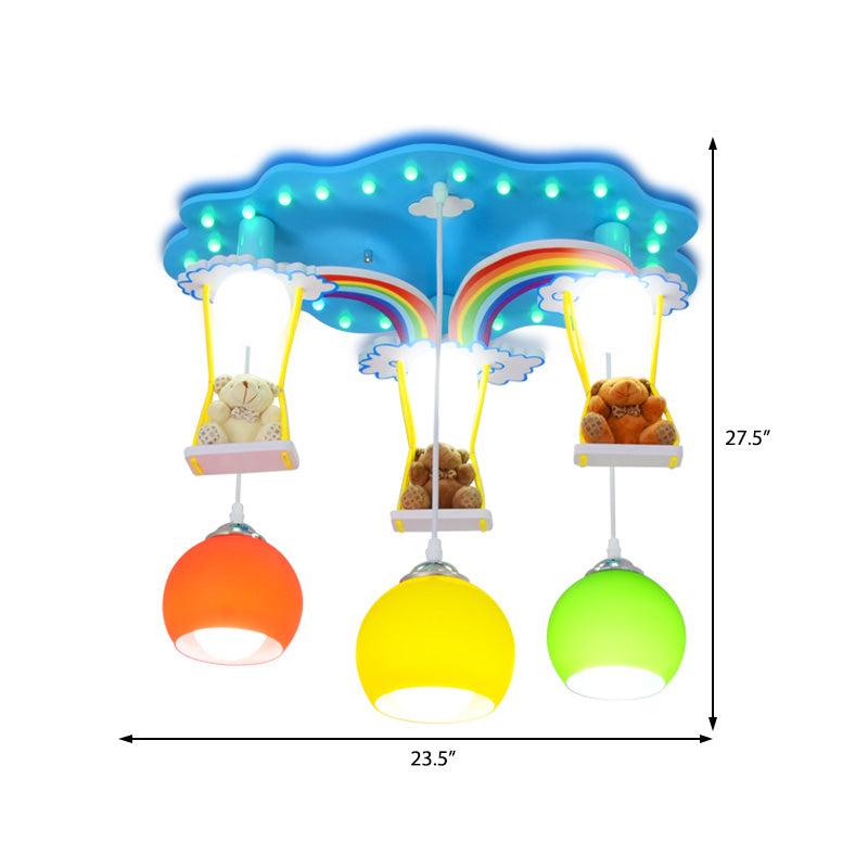 Global Pendant Lighting Kids White/Yellow and Green Glass 6 Lights Hanging Lamp with Wooden Canopy and Bear Deco