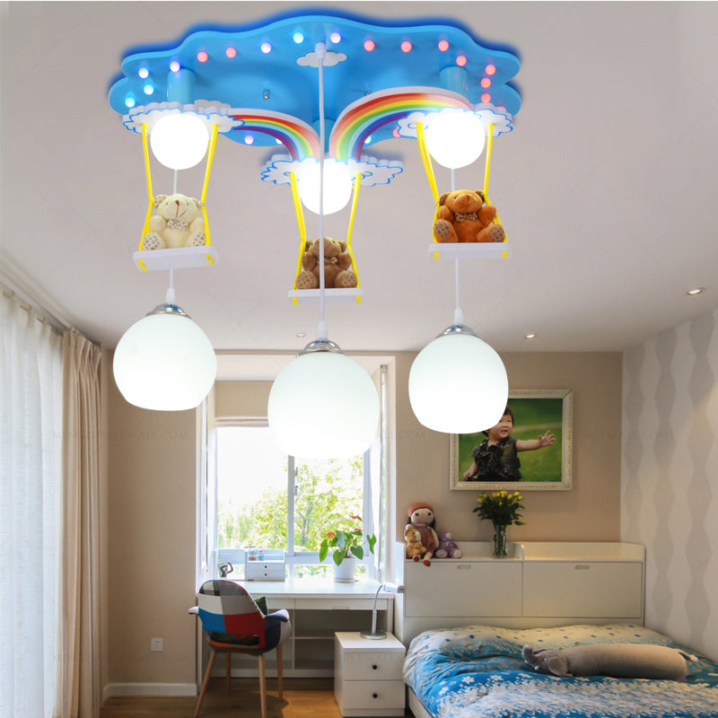 Global Pendant Lighting Kids White/Yellow and Green Glass 6 Lights Hanging Lamp with Wooden Canopy and Bear Deco