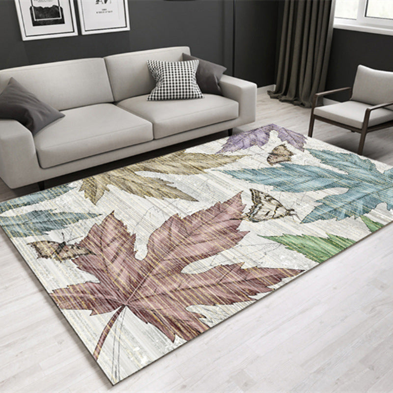 Multi Colored Lounge Area Rug Modern Leaf Print Carpet Polypropylene Non-Slip Backing Pet Friendly Washable Rug