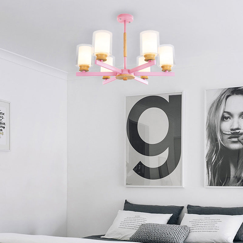 Makkaronzylinder Kronleuchter Anhänger Leicht Milchglas 3/5/6 Lichter hängende Decke Licht in Rosa/Gelb/Grün für Wohnzimmer