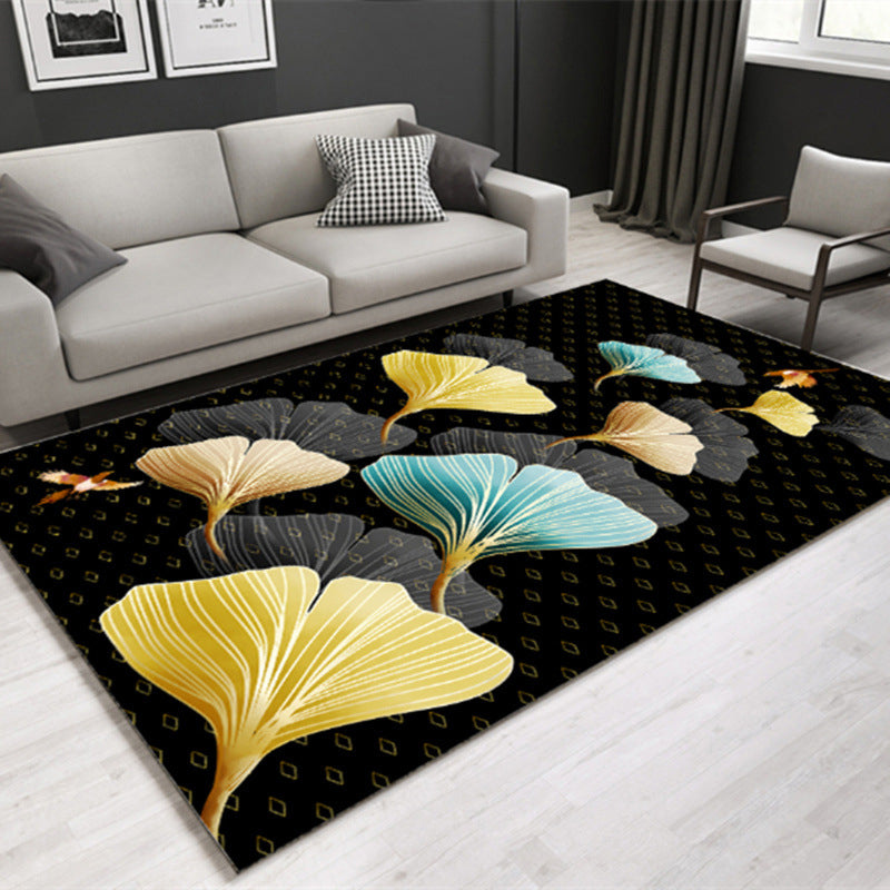 Multi Colored Lounge Area Rug Modern Leaf Print Carpet Polypropylene Non-Slip Backing Pet Friendly Washable Rug