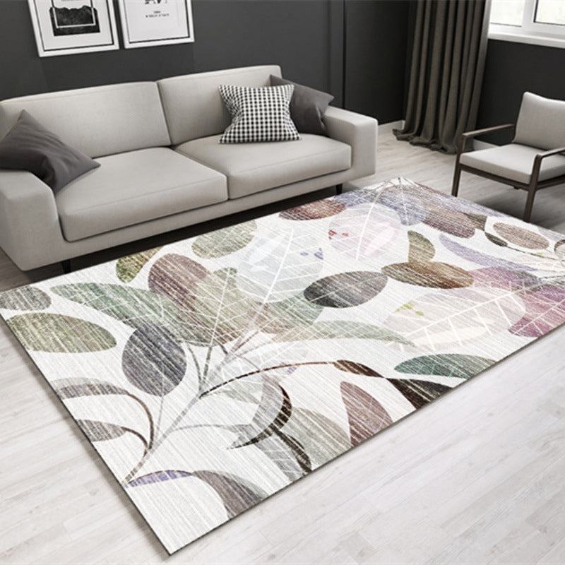 Multi Colored Lounge Area Rug Modern Leaf Print Carpet Polypropylene Non-Slip Backing Pet Friendly Washable Rug