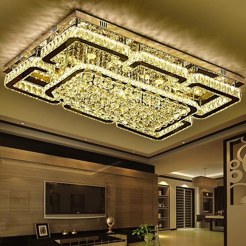 Stainless-Steel Rectangular Flush Ceiling Light Contemporary Crystal LED Flush Mount Lighting Fixture