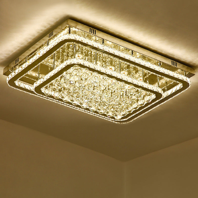 Stainless-Steel Rectangular Flush Ceiling Light Contemporary Crystal LED Flush Mount Lighting Fixture