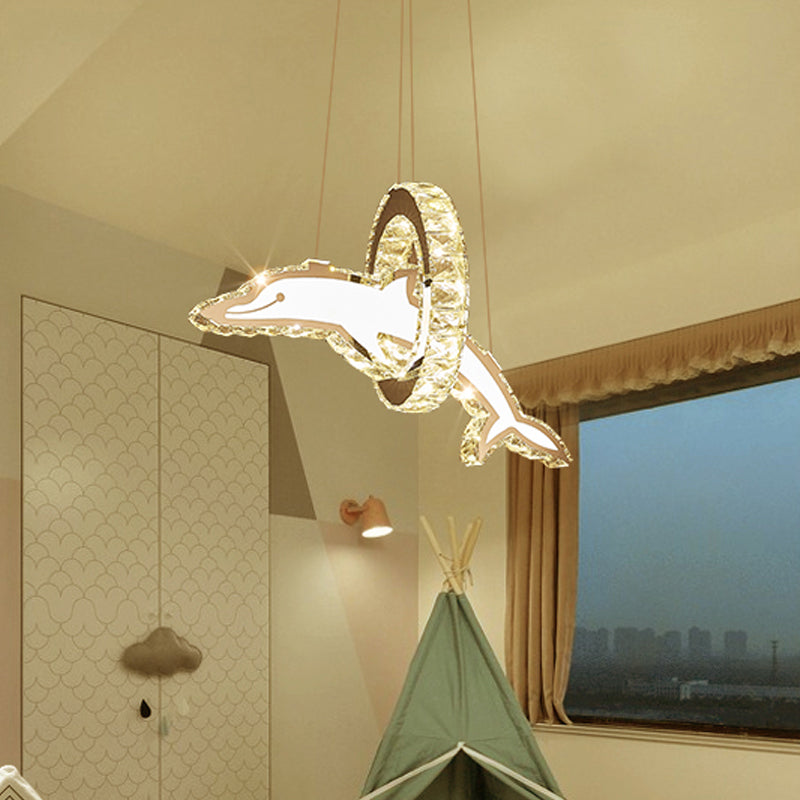 Crystal Dolphin and Ring Chandelier Light Kids Stainless-Steel LED Pendant Light Fixture for Nursery