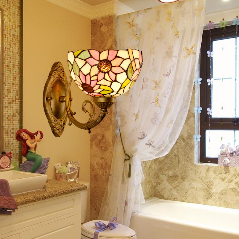 Sunflower Pattern Wall Mount Light Tiffany Stained Glass Single Gold Wall Light Fixture with Bowl Shade