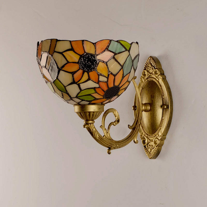 Sunflower Pattern Wall Mount Light Tiffany Stained Glass Single Gold Wall Light Fixture with Bowl Shade