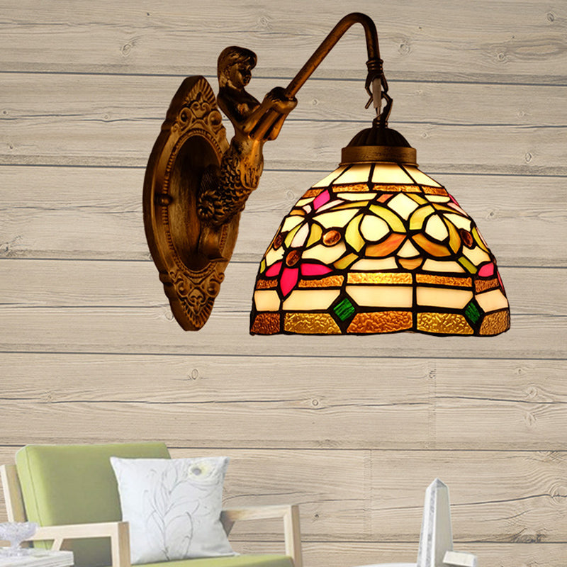Dome Shade Floral Stained Glass Wall Light Fixture Decorative Single Gold Wall Mounted Lamp