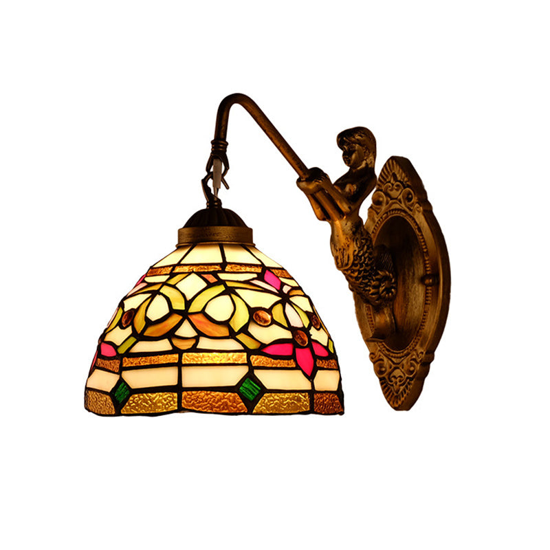 Dome Shade Floral Stained Glass Wall Light Fixture Decorative Single Gold Wall Mounted Lamp