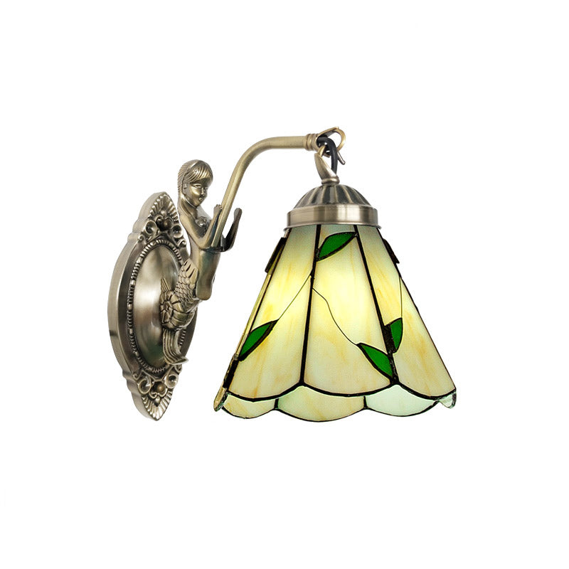 Bell Shade Wall Mount Light Stained Glass Vintage Wall Light Fixture with Mermaid Decor