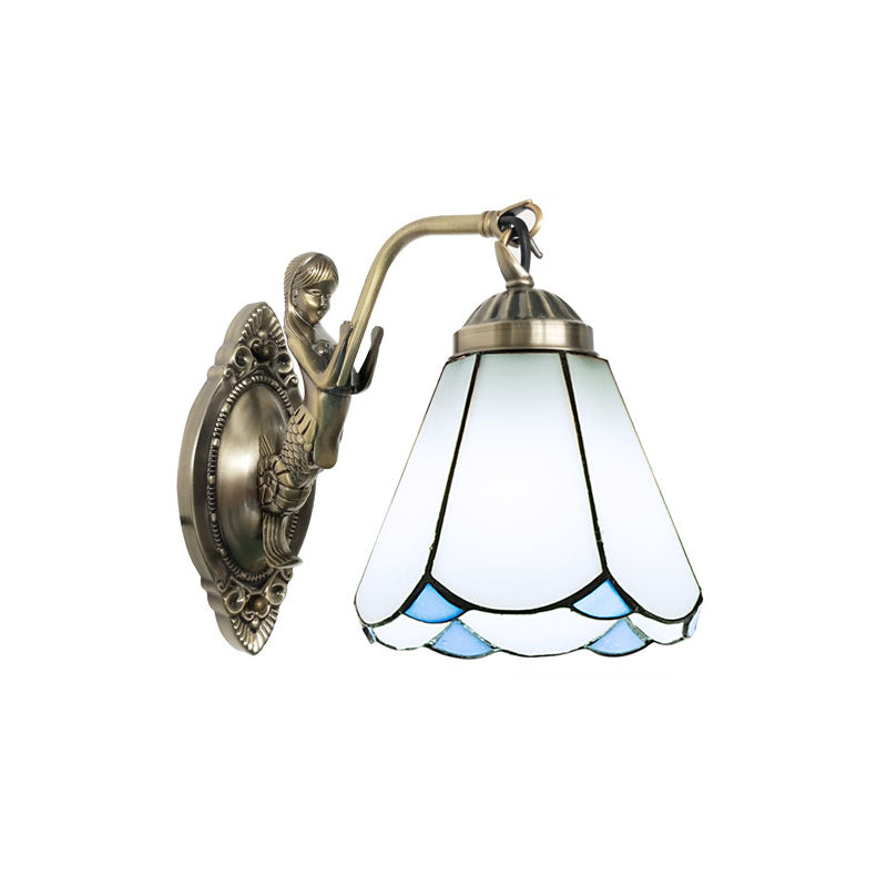 Bell Shade Wall Mount Light Stained Glass Vintage Wall Light Fixture with Mermaid Decor