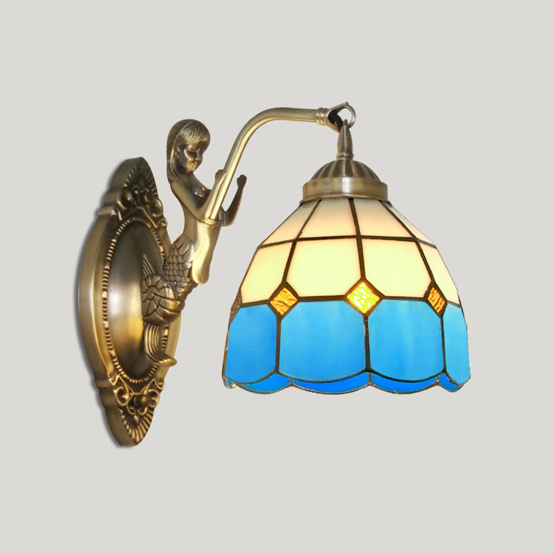 Bell Shade Wall Mount Light Stained Glass Vintage Wall Light Fixture with Mermaid Decor